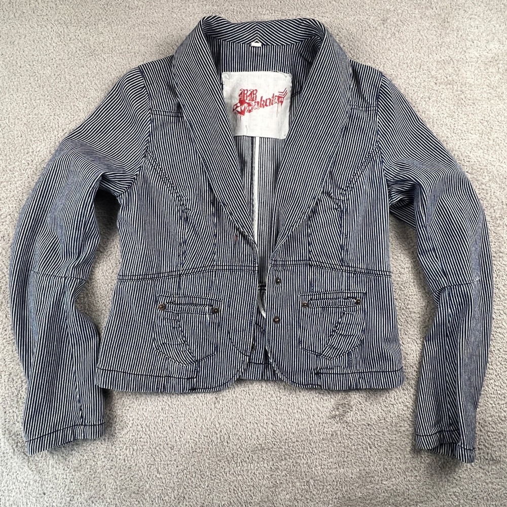BB‎ Dakota Hickory Stripe Denim Blazer Womens Medium Blue Fitted Peplum Jacket